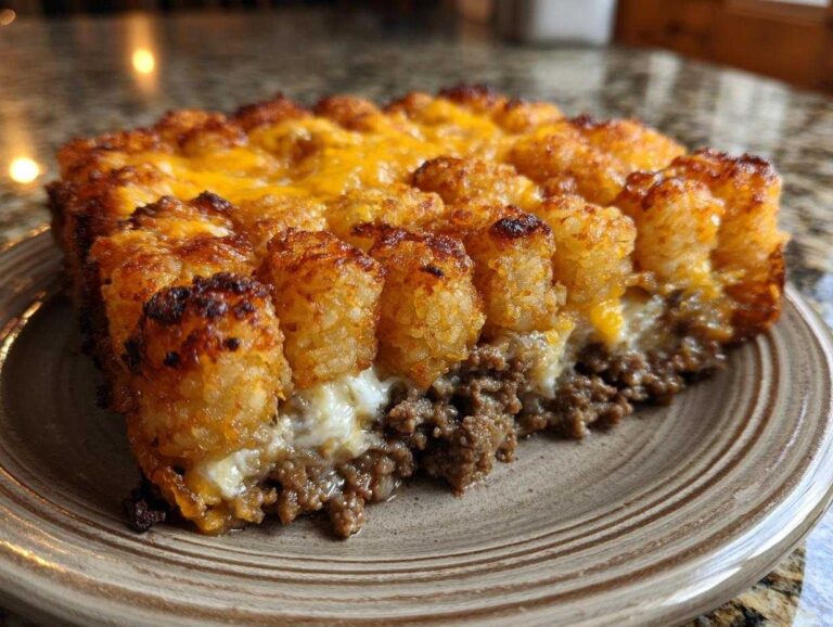 A close-up slice of baked tater tot casserole showing crispy tots, melted cheese, and a ground beef layer.