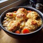 A close-up of a dark bowl filled with creamy slow cooker chicken and dumplings, topped with five golden-brown biscuits.