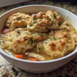 A close-up of a white bowl filled with rich broth, shredded chicken, carrots, and topped with fluffy biscuits for slow cooker chicken and dumplings.