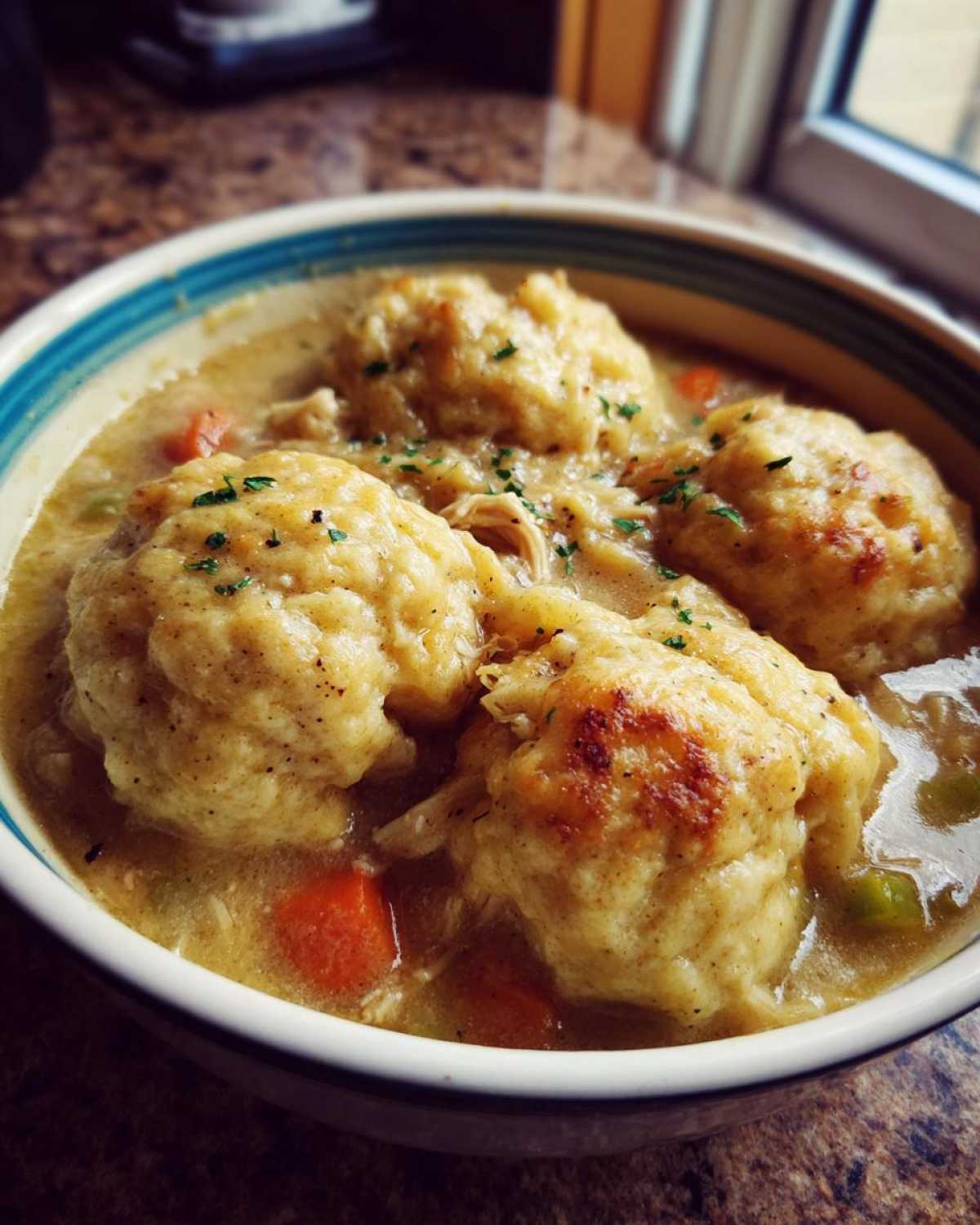 A close-up of a bowl filled with rich broth, shredded chicken, carrots, and three fluffy dumplings in slow cooker chicken and dumplings.