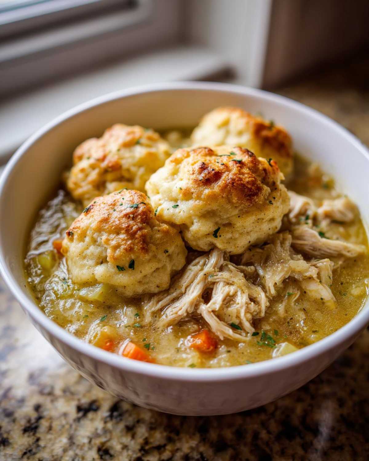 Close-up of a white bowl filled with rich, savory slow cooker chicken and dumplings, topped with golden biscuits.