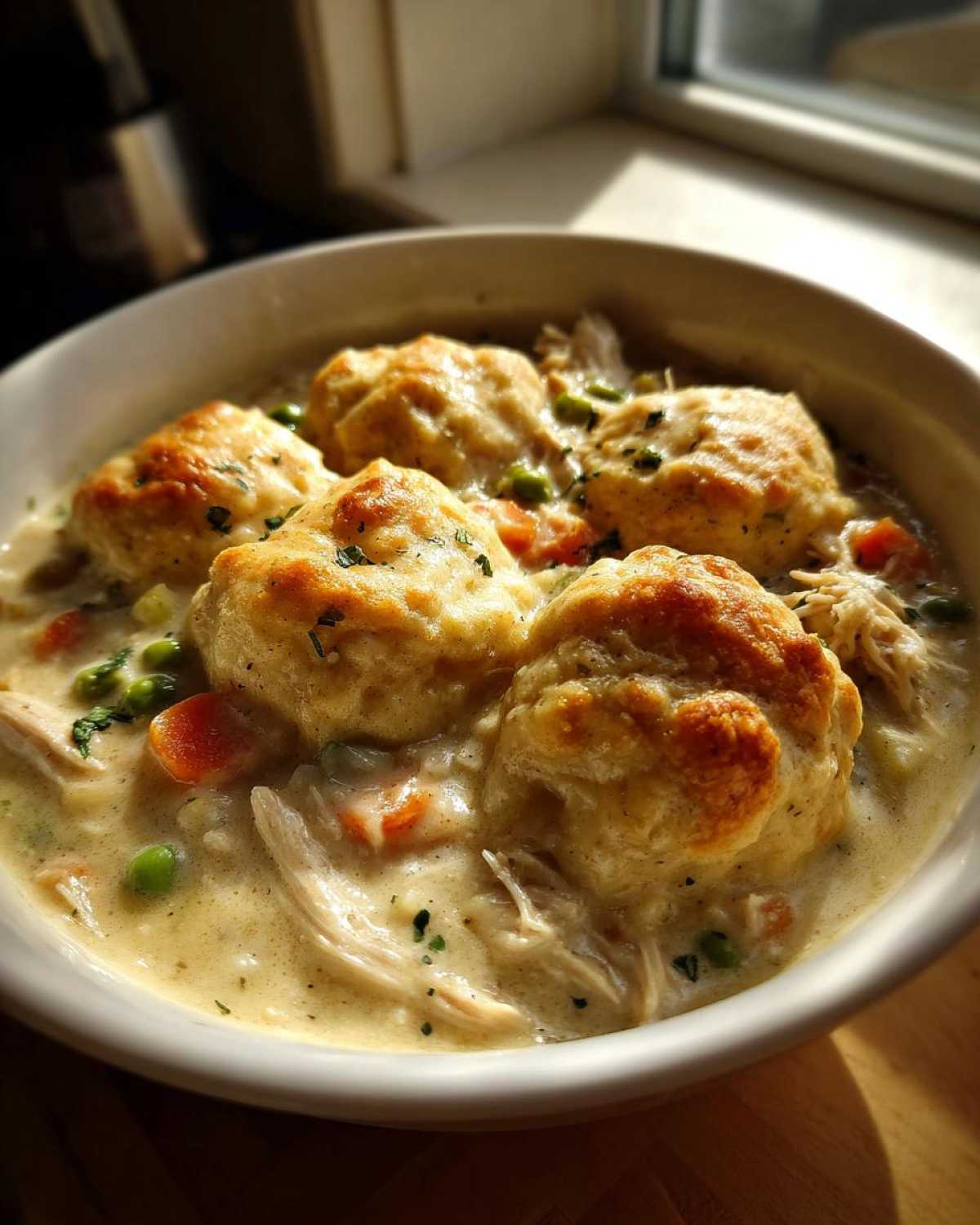 Close-up of a rich bowl of slow cooker chicken and dumplings, featuring fluffy, golden dumplings over shredded chicken and vegetables in creamy sauce.