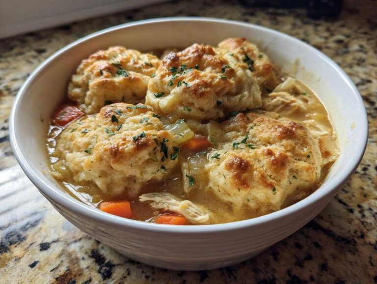 A close-up of a white bowl filled with rich broth, shredded chicken, carrots, and topped with fluffy biscuits for slow cooker chicken and dumplings.