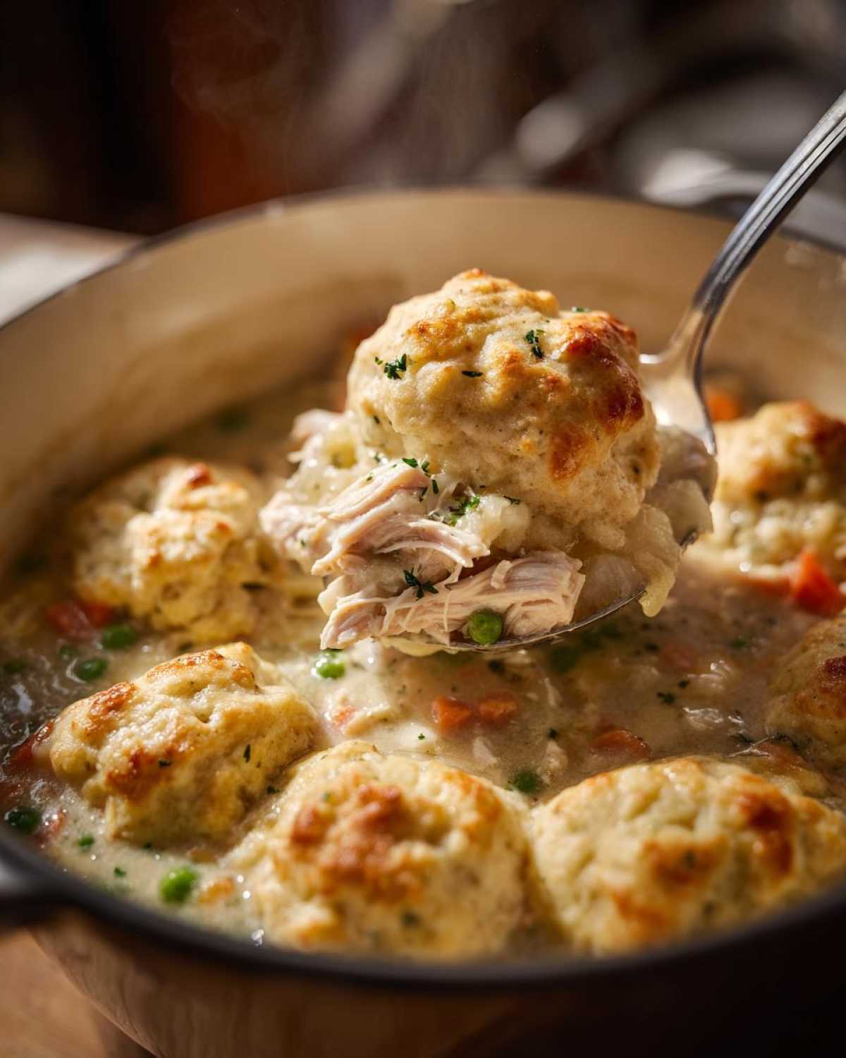 A spoonful of shredded chicken and a golden brown dumpling lifted from a pot of steaming slow cooker chicken and dumplings.