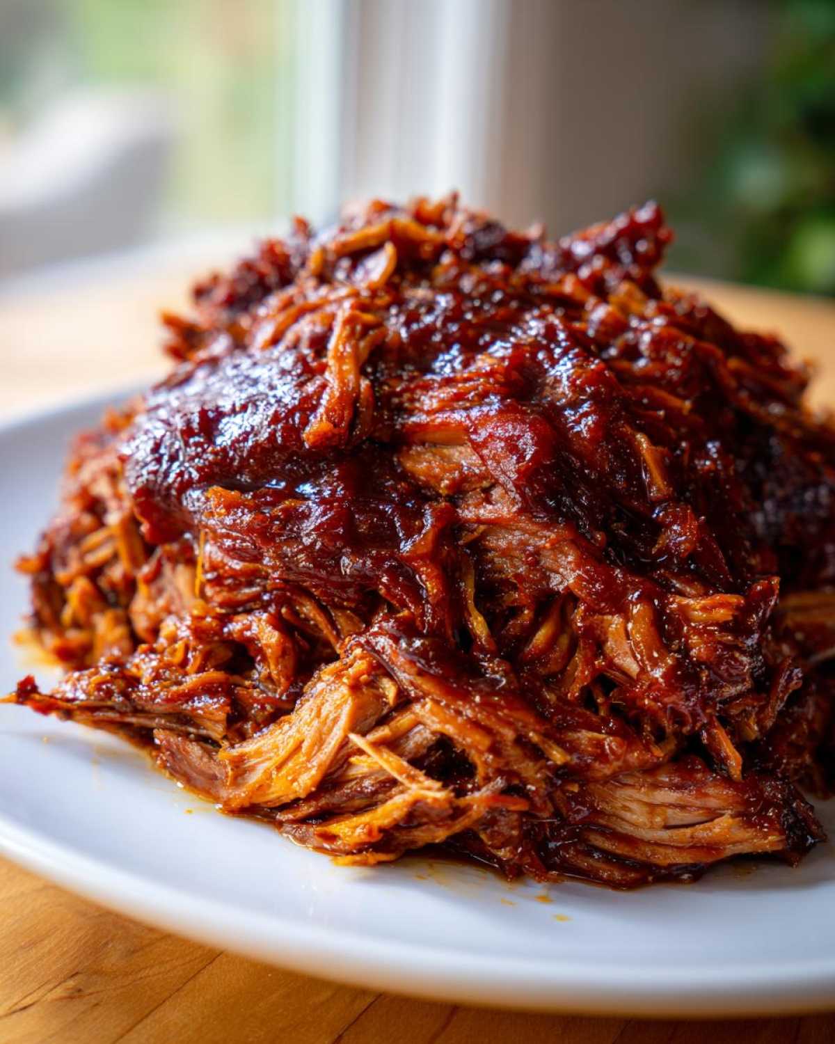 A close-up of tender, shredded Slow Cooker Pulled Pork generously coated in dark BBQ sauce, served on a white plate.