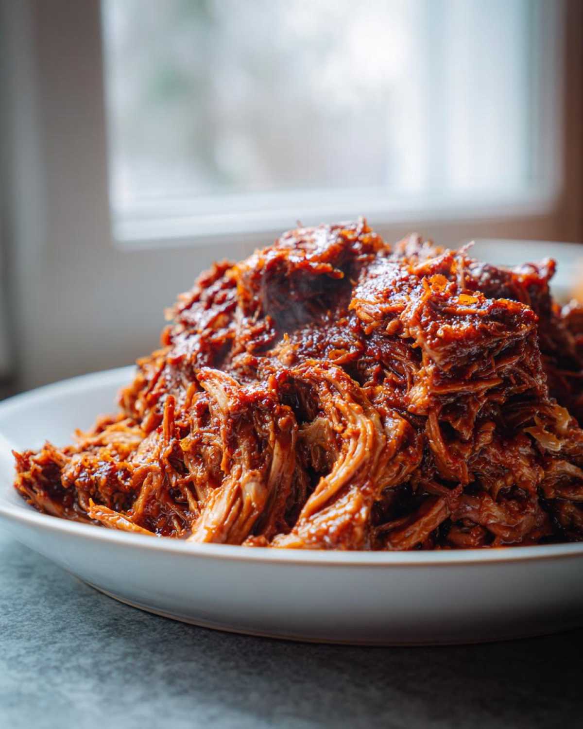 A close-up of a large mound of saucy, shredded Slow Cooker Pulled Pork piled high on a white plate.