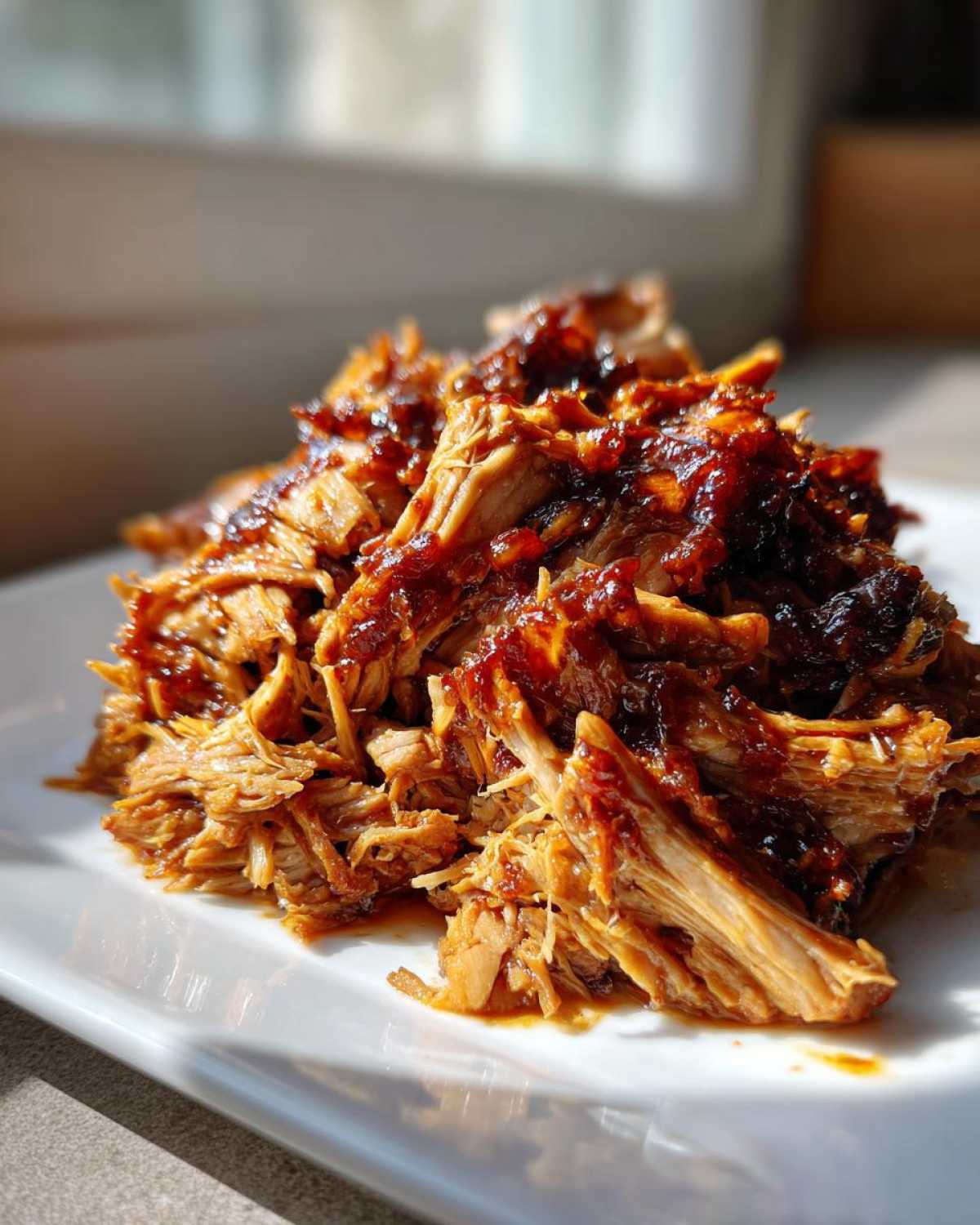 A close-up of tender, shredded Slow Cooker Pulled Pork generously coated in barbecue sauce on a white plate.