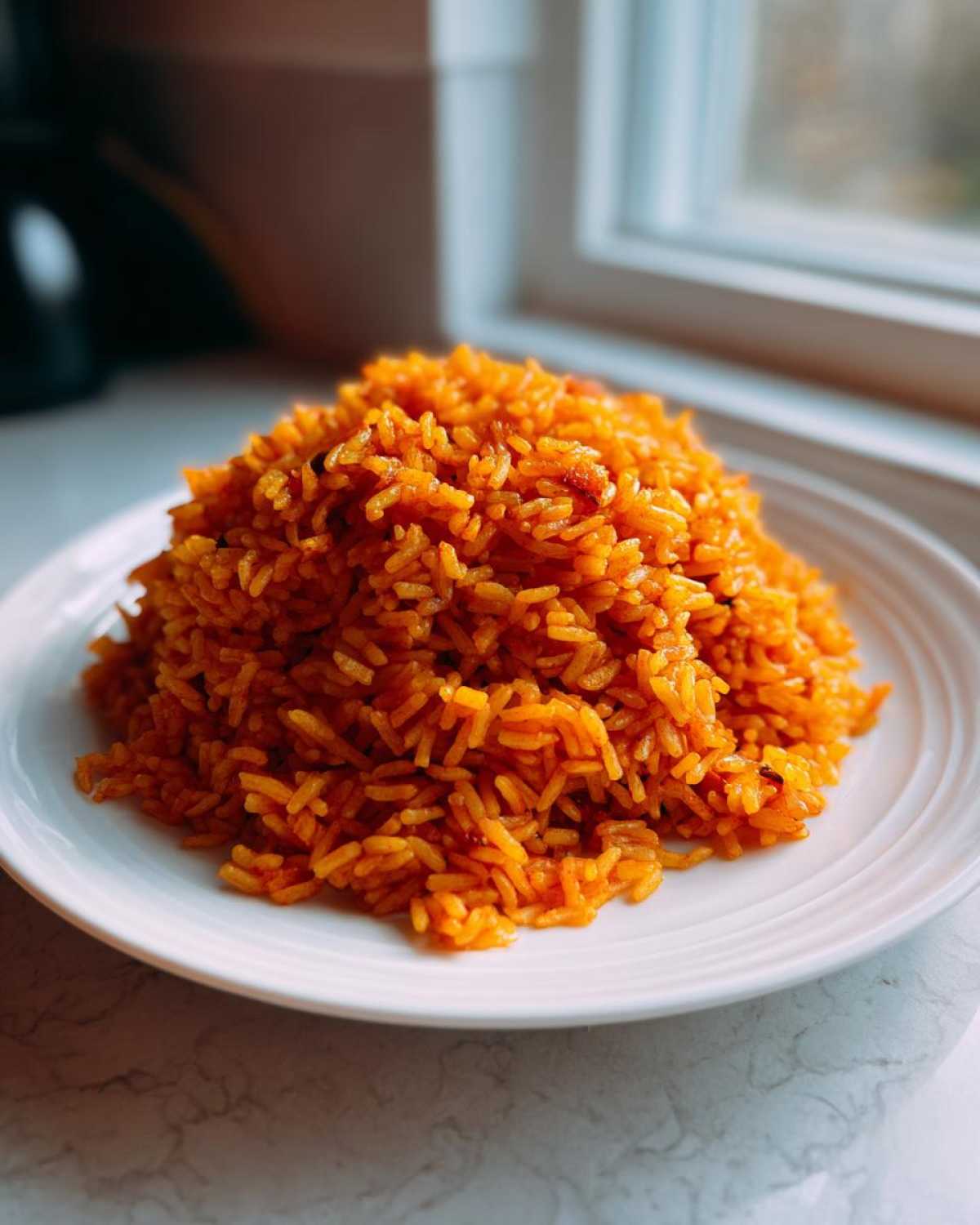 A mound of vibrant orange, fluffy jollof rice served on a white plate near a bright window.