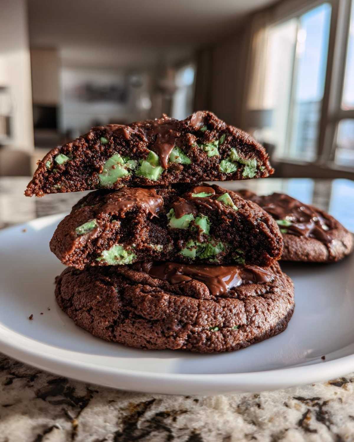 Close-up of soft Andes mint cookies, one broken in half revealing bright green mint chips inside the chocolate cookie.