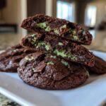 Close-up of soft, fudgy Andes Mint Cookies, one broken open to show the bright green mint filling.
