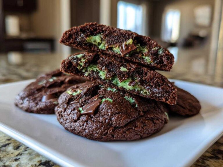 Close-up of soft, fudgy Andes Mint Cookies, one broken open to show the bright green mint filling.