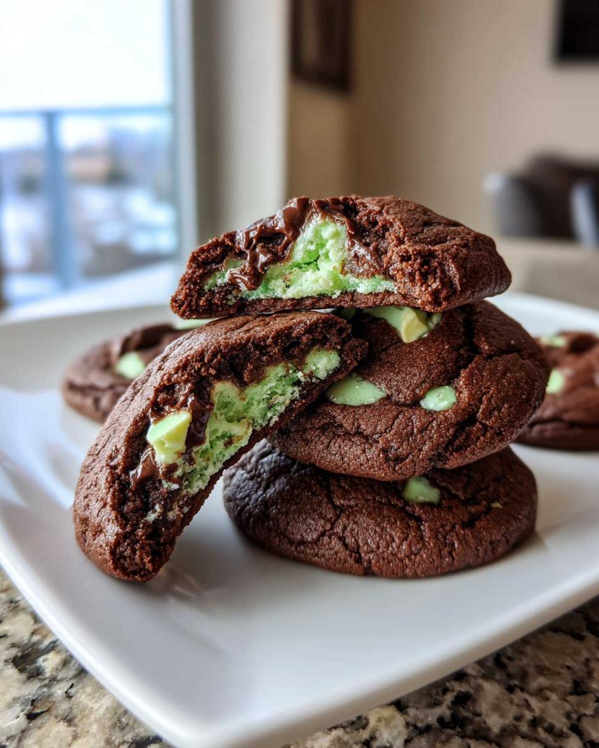 Stack of soft chocolate Andes Mint Cookies, one broken open revealing a bright green, gooey mint center.
