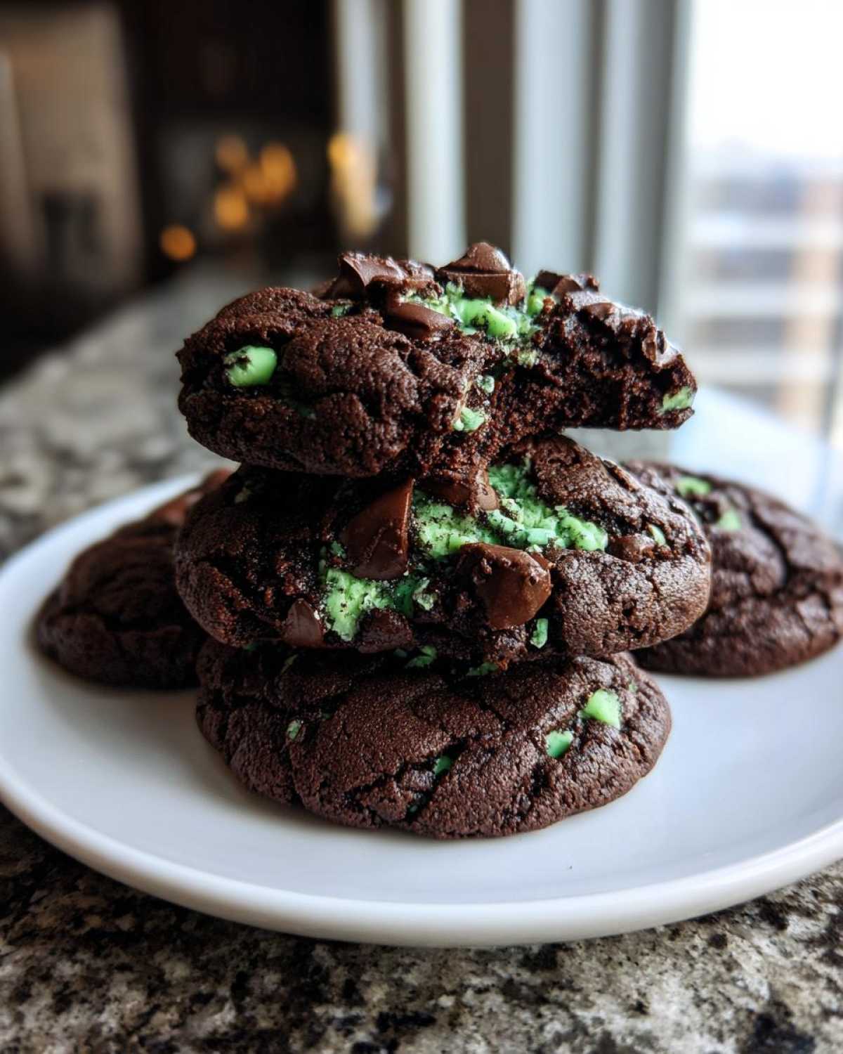 A stack of soft, rich chocolate Andes Mint Cookies, one broken open showing the mint filling.