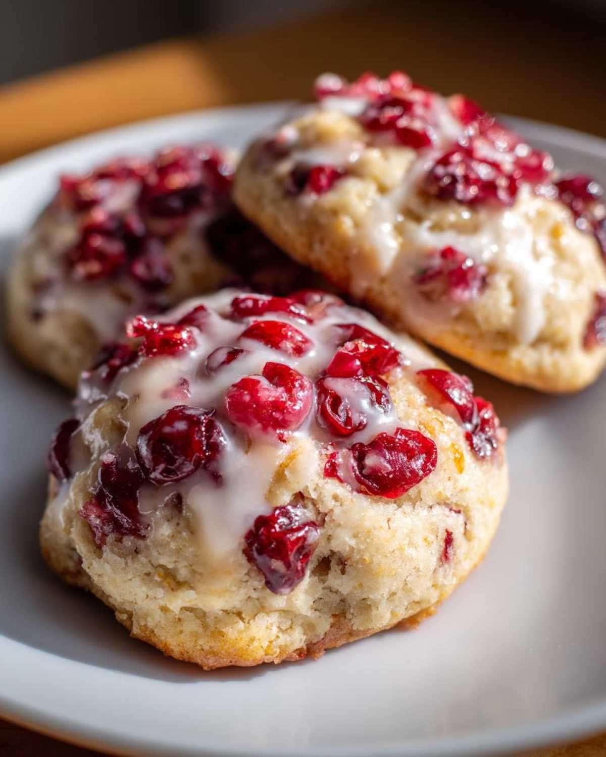 Close-up of soft cranberry orange cookies topped with a sweet white glaze and bright red cranberries.