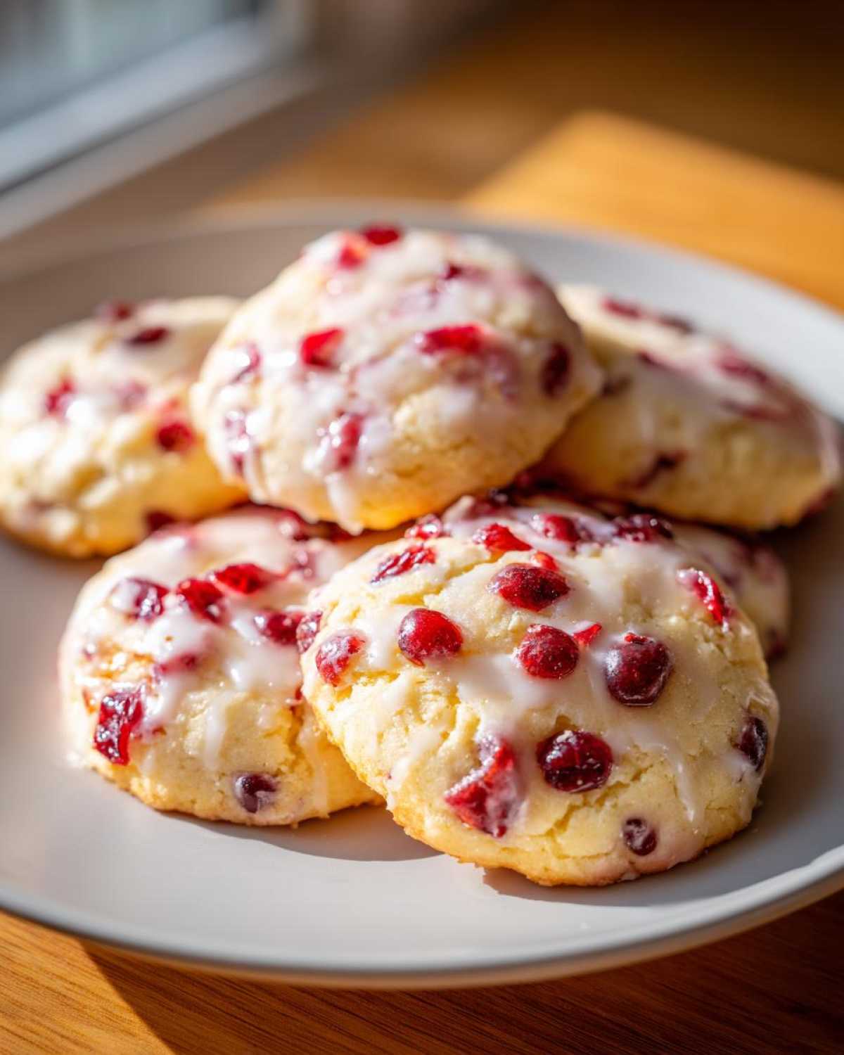 A stack of soft cranberry orange cookies topped with a bright citrus glaze, highlighted by sunlight.