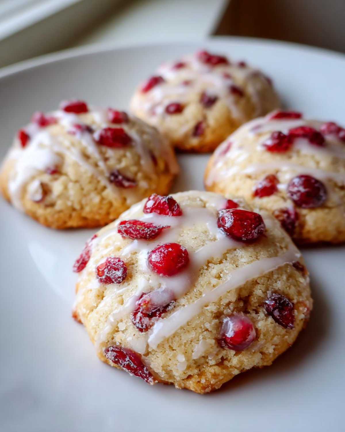 Four soft cranberry orange cookies topped with white glaze and dried cranberries on a white plate.