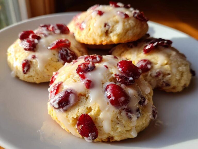 Four soft cranberry orange cookies topped with a white glaze and dried cranberries, sitting on a white plate.