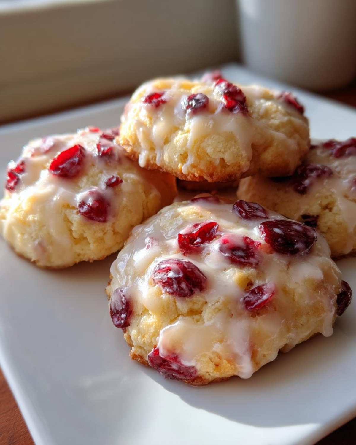 Close-up of soft cranberry orange cookies topped with a sweet white glaze and dried cranberries.