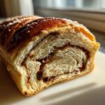 Close-up of a freshly baked loaf of soft raisin bread showing the interior swirl filling and sugary crust.