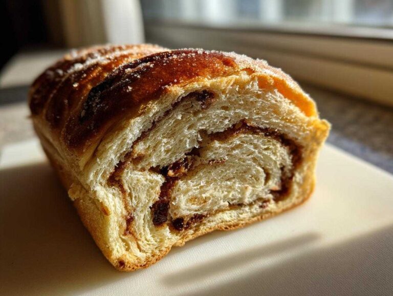 Close-up of a freshly baked loaf of soft raisin bread showing the interior swirl filling and sugary crust.