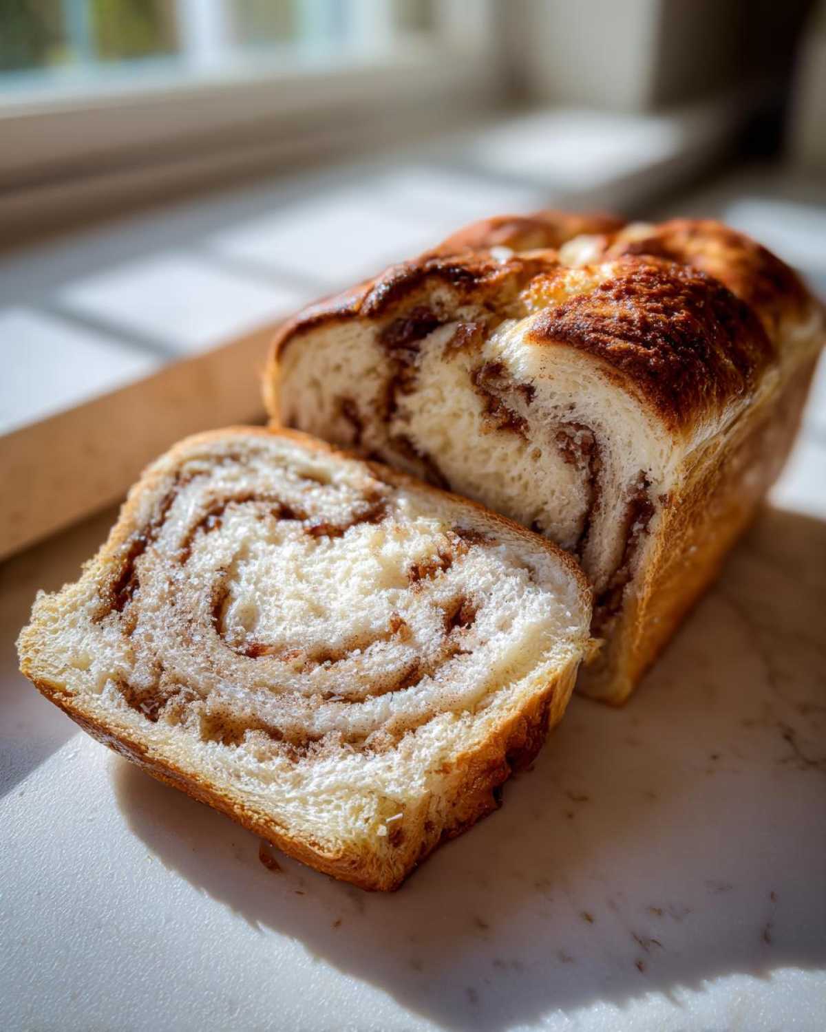 A close-up of a loaf of soft raisin bread with one thick slice cut, showing a beautiful cinnamon-raisin swirl pattern.