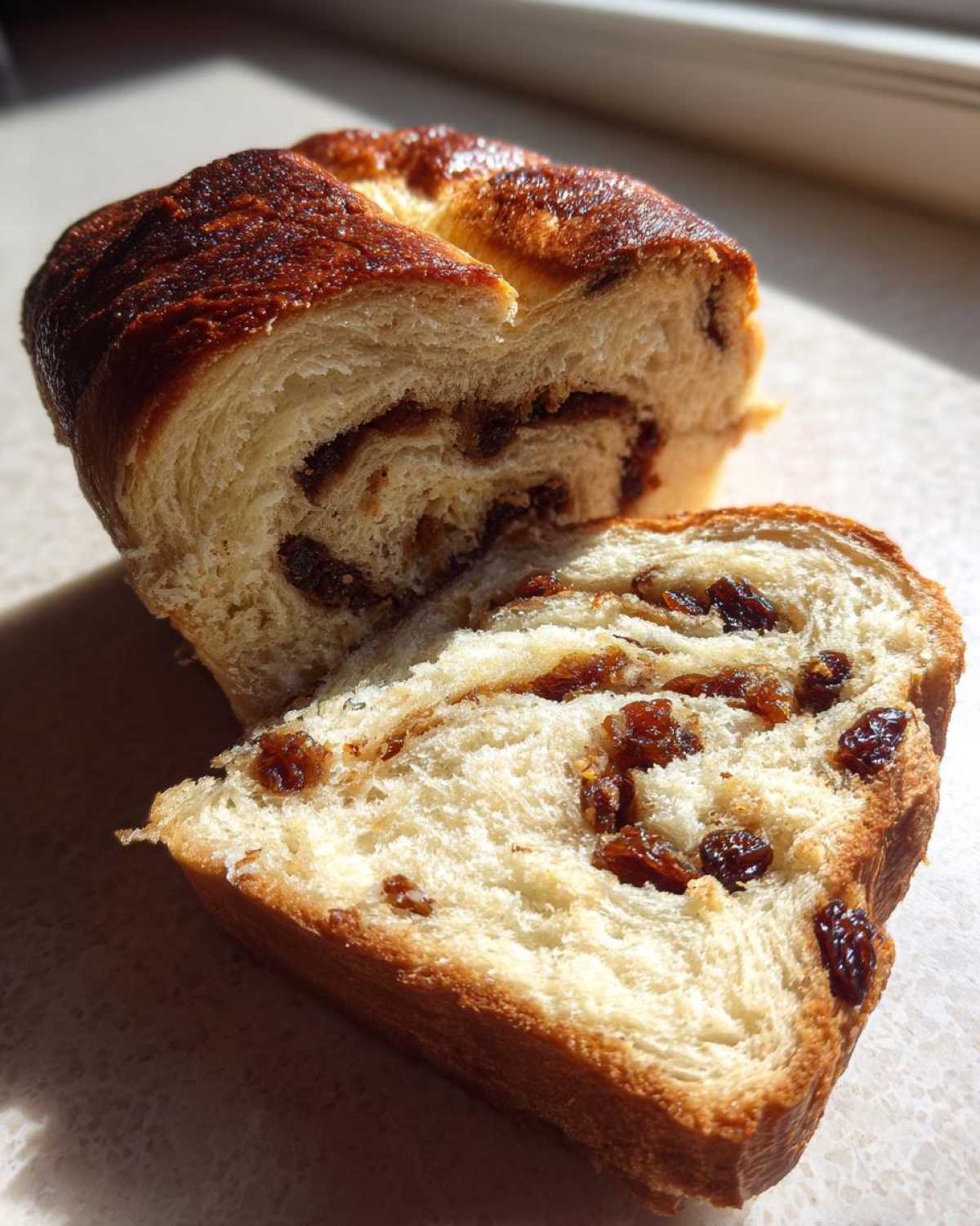 Close-up of sliced homemade raisin bread showing a soft, white crumb swirled with cinnamon and plump raisins.