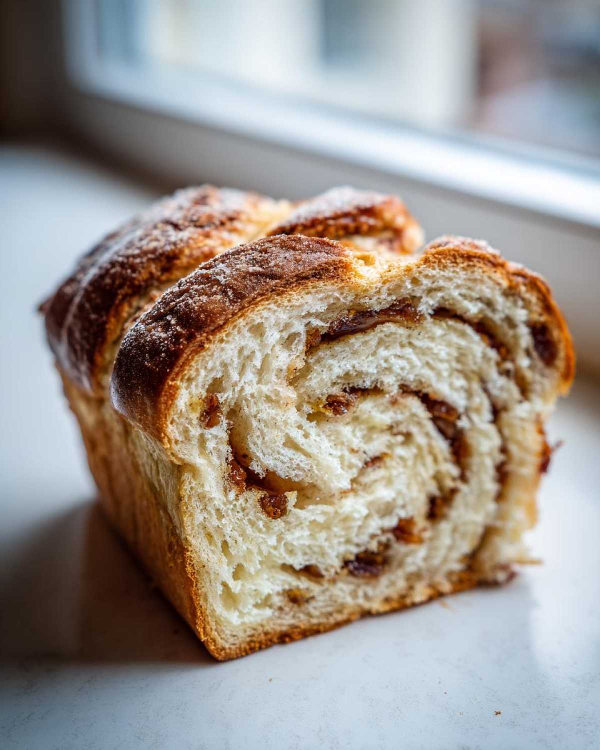 Cross-section of soft raisin bread showing a beautiful cinnamon-raisin swirl pattern inside.