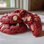 Close-up of soft, bright red velvet cake mix cookies stacked on a white plate, one broken open showing white chocolate chips.