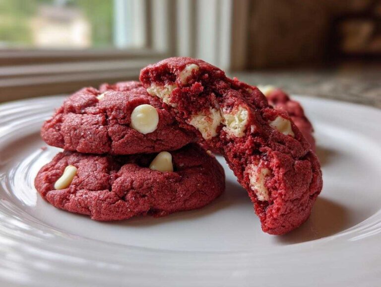 Close-up of soft, bright red velvet cake mix cookies stacked on a white plate, one broken open showing white chocolate chips.