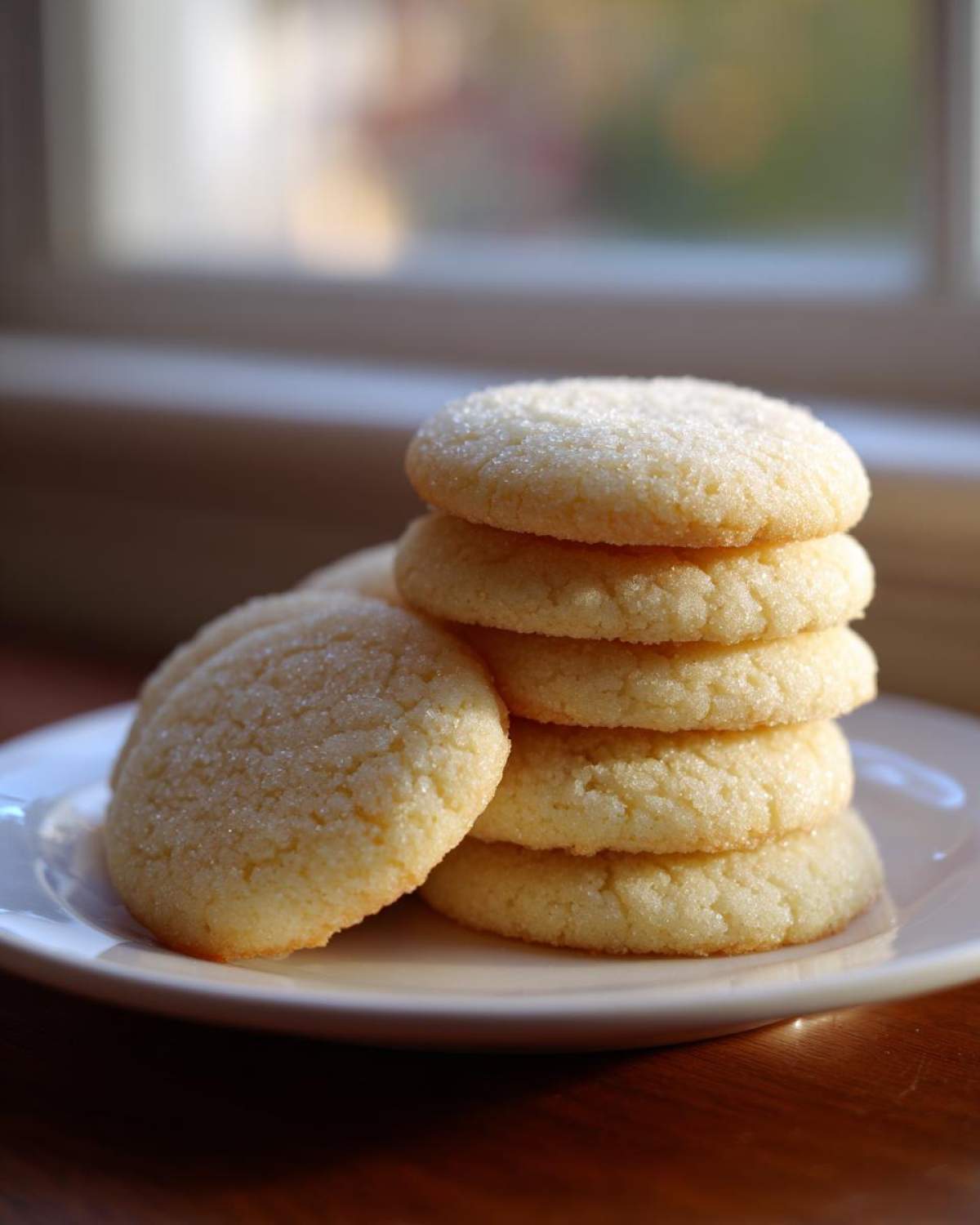 A stack of five soft sugar cookies, coated in sparkling sugar, resting on a white plate.