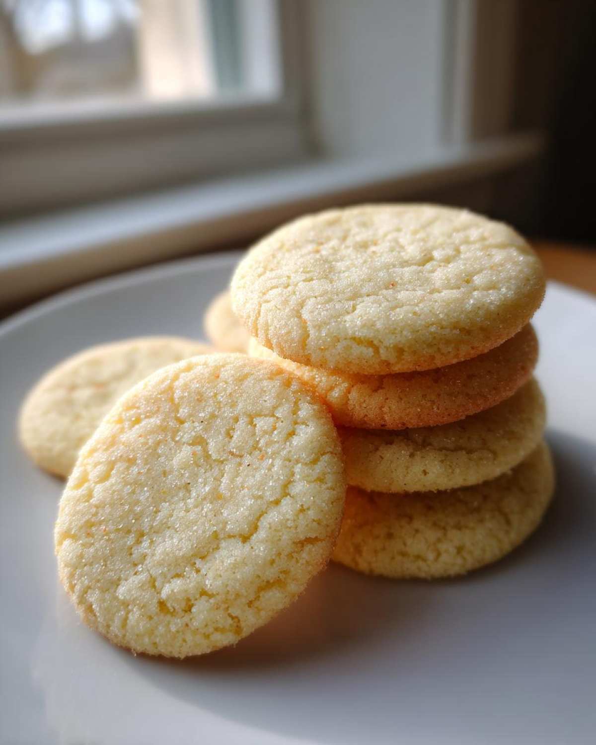 Close-up of a stack of freshly baked soft sugar cookies sprinkled with sugar crystals.