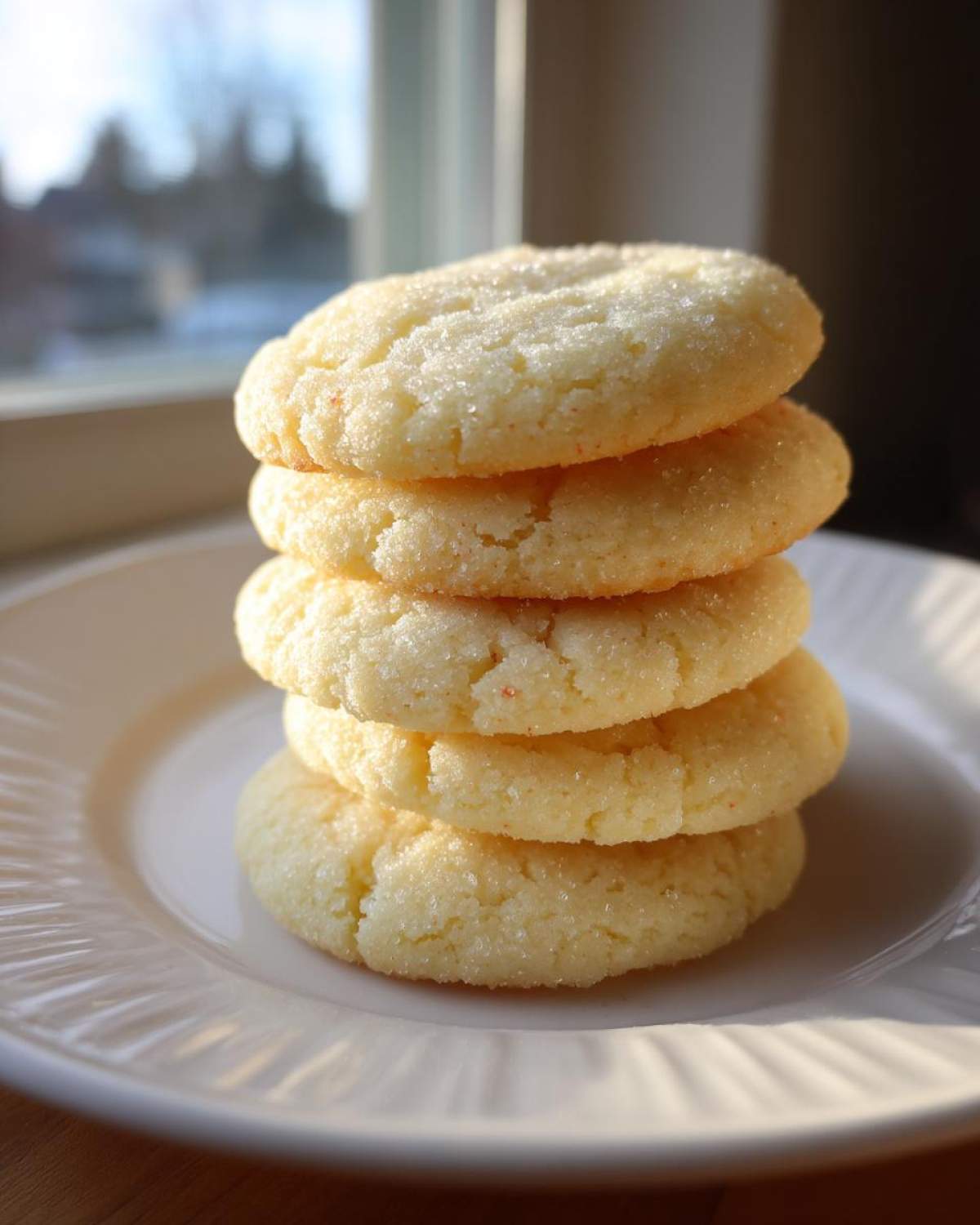 A stack of five perfectly round, soft sugar cookies coated in sparkling sugar, sitting on a white plate.