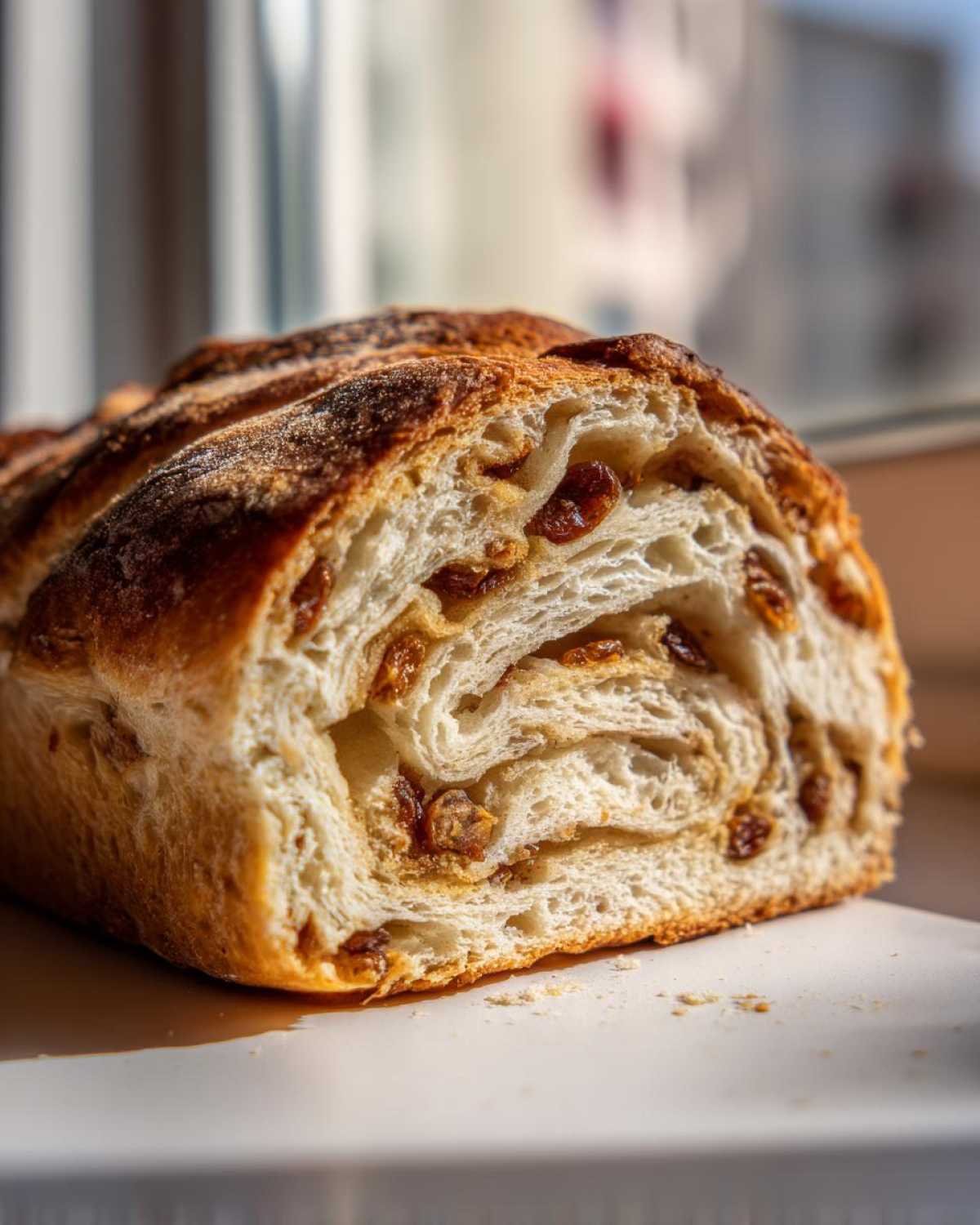 Close-up of a freshly baked loaf of soft raisin bread showing the beautiful swirl pattern and plump raisins inside.