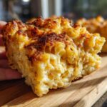 Close-up of a thick, cheesy slice of southern baked macaroni and cheese with a deeply browned, crispy top crust.