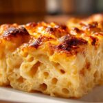 Close-up of a thick slice of southern baked macaroni and cheese showing creamy interior and a deeply browned, cheesy crust.
