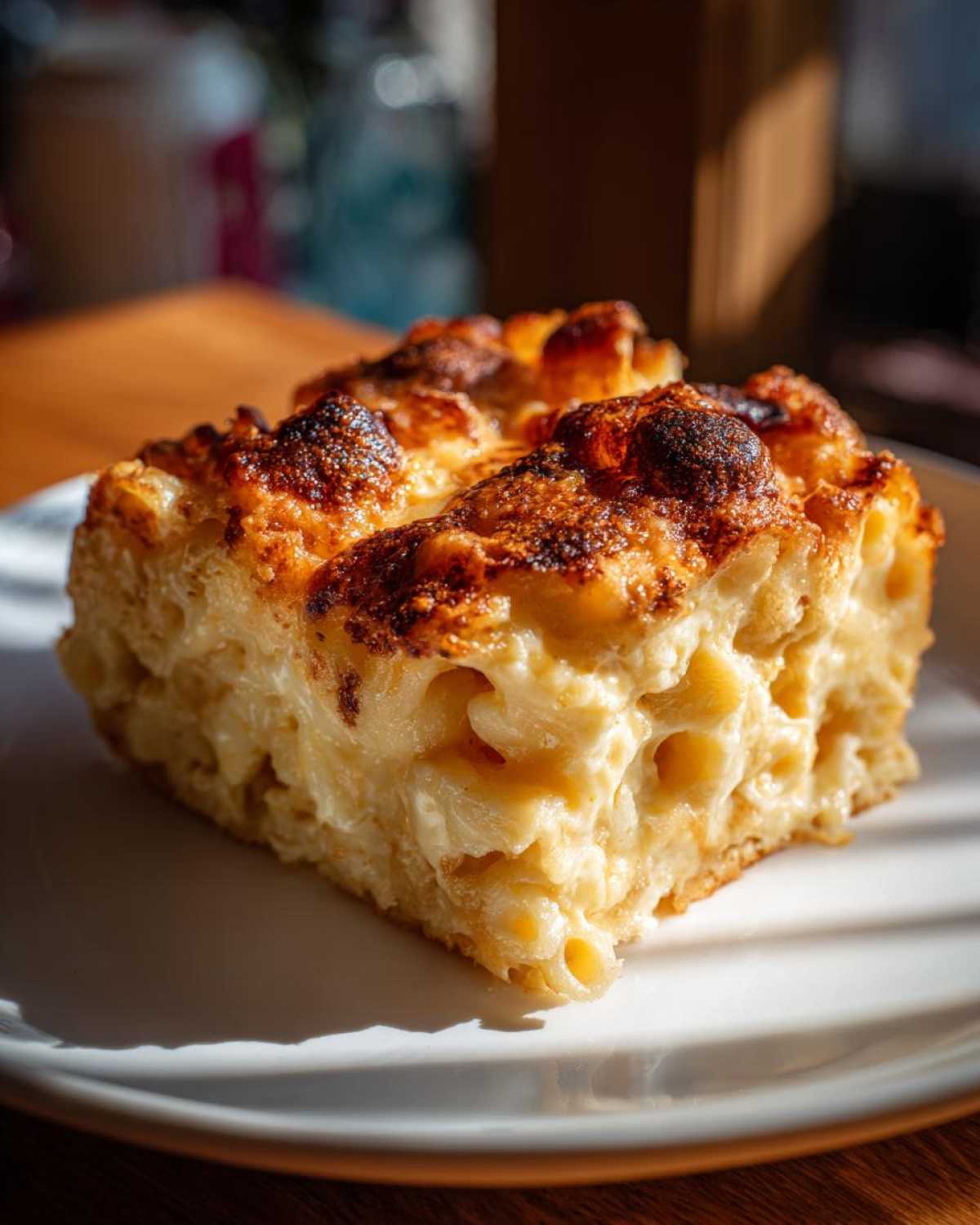 A thick square slice of southern baked macaroni and cheese with a golden, slightly charred top crust.