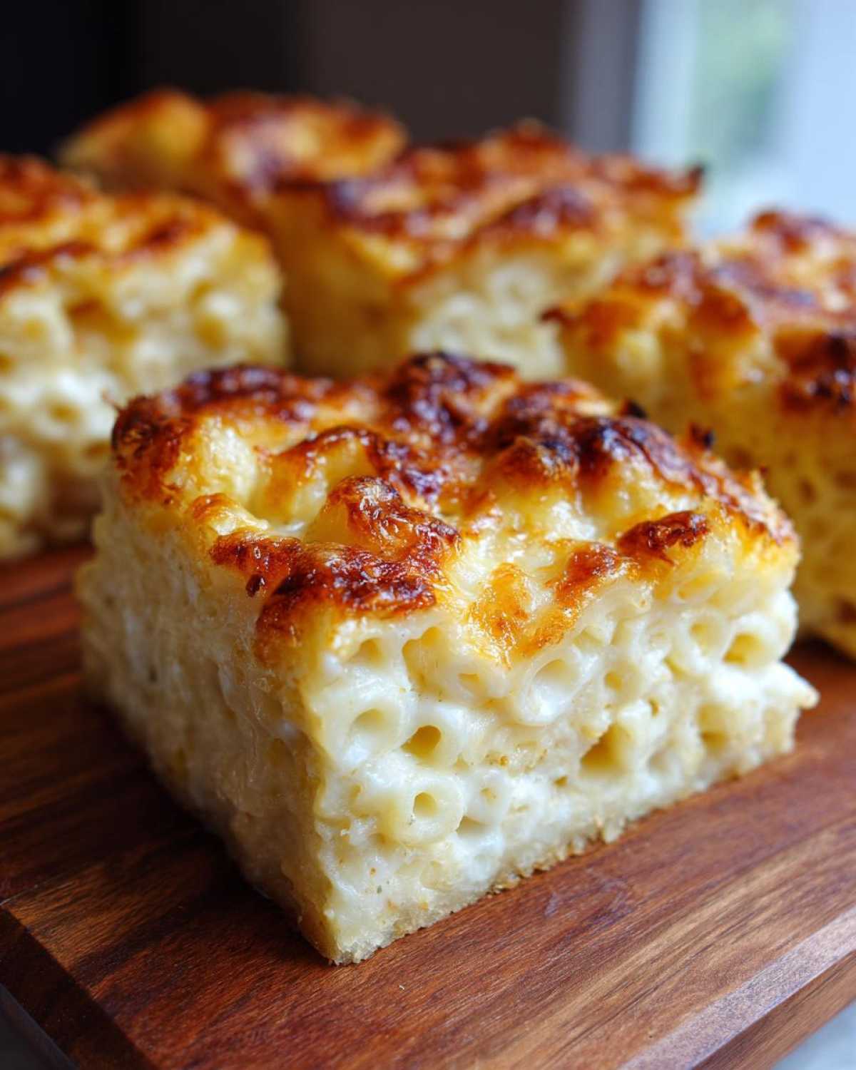 A close-up of a square slice of creamy southern baked macaroni and cheese with a golden-brown, cheesy crust.