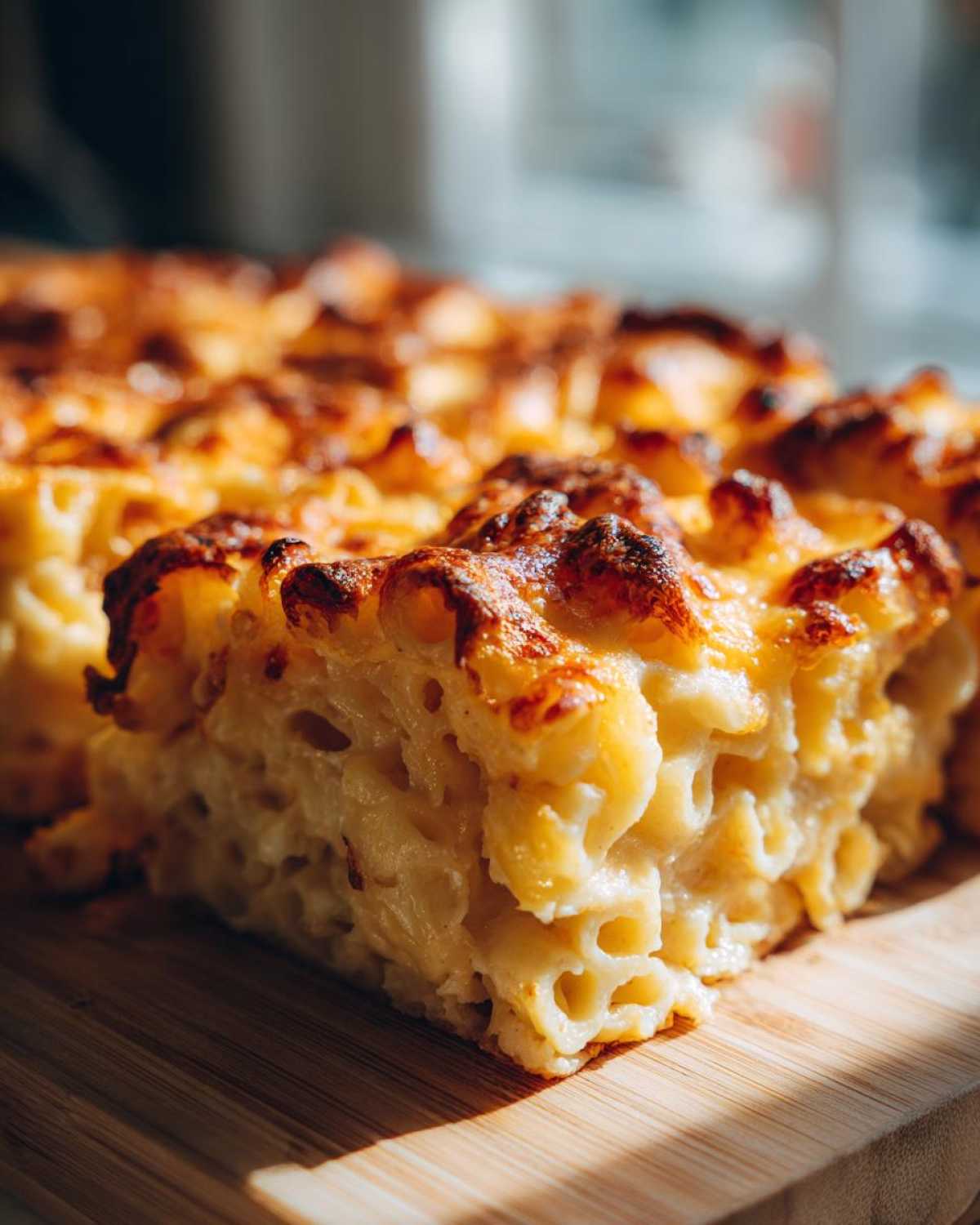A thick, creamy slice of southern baked macaroni and cheese with a golden-brown, crispy cheese top.