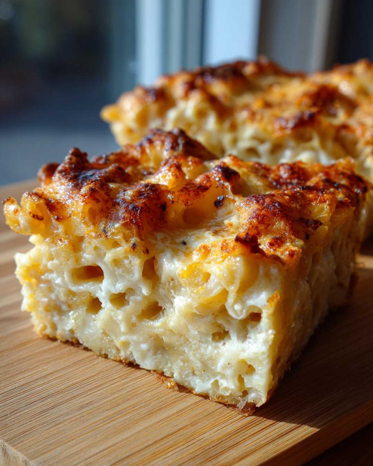 A thick, square slice of southern baked macaroni and cheese with a golden brown, crispy top.