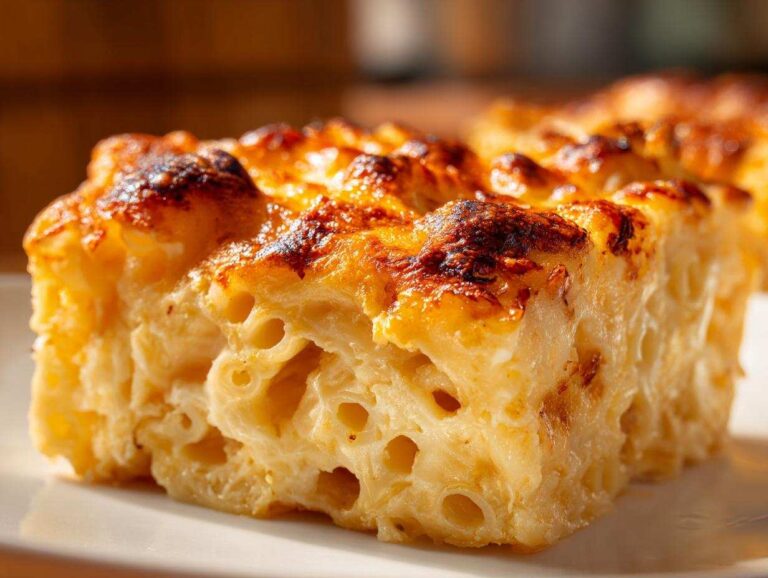 Close-up of a thick slice of southern baked macaroni and cheese showing creamy interior and a deeply browned, cheesy crust.