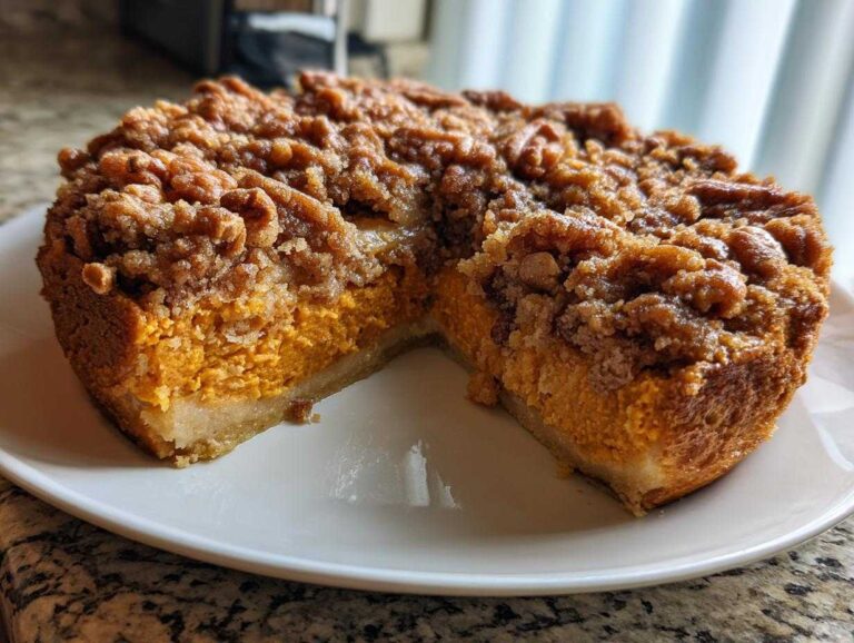 A slice cut from a round southern sweet potato casserole topped with a thick, crunchy brown sugar streusel topping.