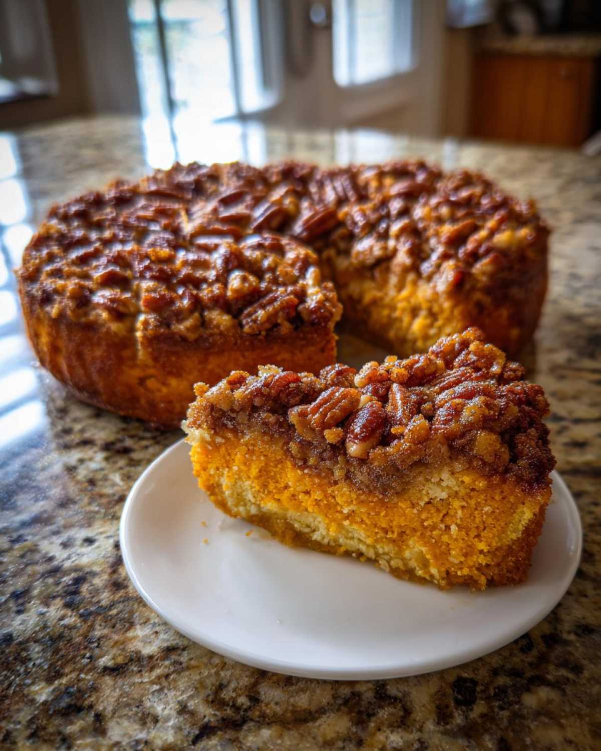 A slice of rich, orange southern sweet potato casserole topped with a thick, crunchy pecan streusel, served on a white plate.