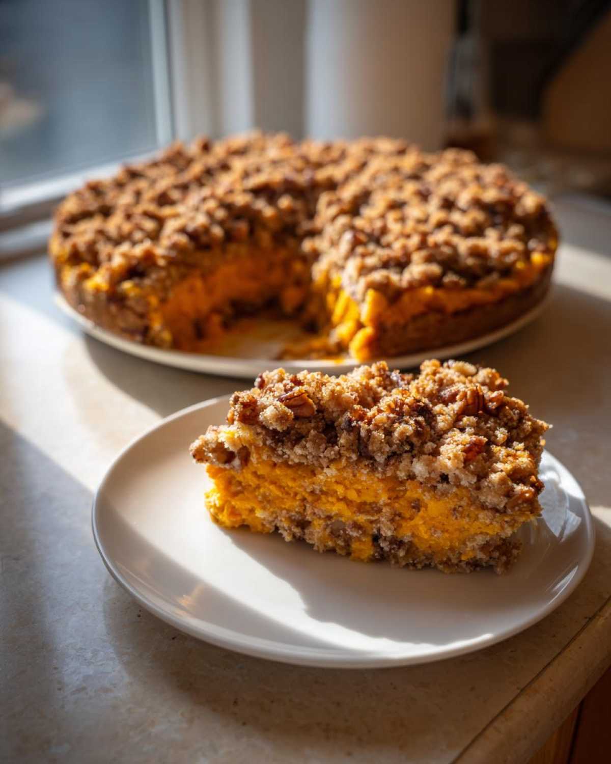 A close-up slice of rich, orange southern sweet potato casserole topped with a crunchy pecan streusel.