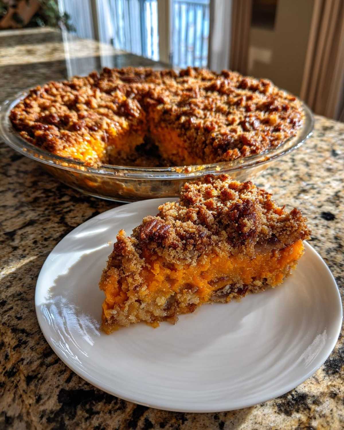 A slice of vibrant orange southern sweet potato casserole topped with a crunchy pecan streusel, served on a white plate.