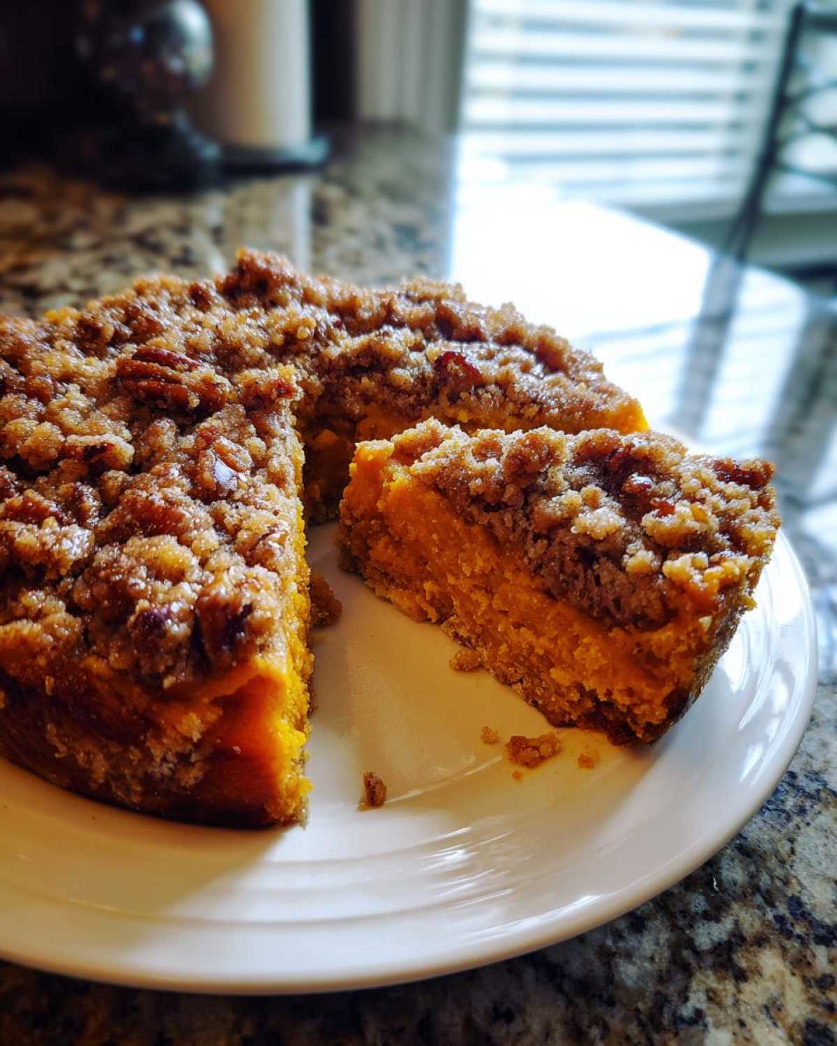 A rich, orange southern sweet potato casserole topped with a thick pecan streusel, with one slice cut out.