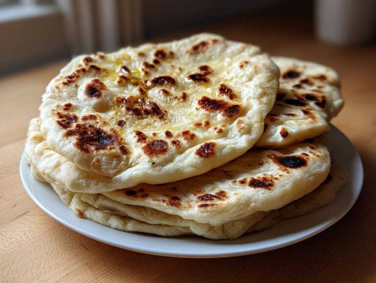 A stack of freshly made, soft naan bread recipe rounds, brushed with melted butter and showing charred spots.