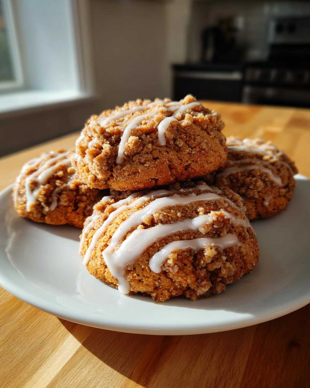 A stack of four homemade coffee cake cookies topped with a brown sugar crumb topping and white icing drizzle.