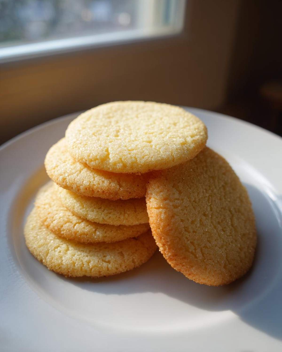 A stack of five golden brown soft sugar cookies dusted with sugar, resting on a white plate near a window.