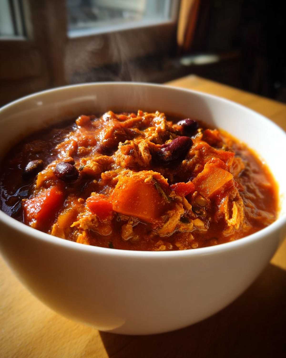 Close-up of a steaming white bowl filled with rich, orange-red pumpkin chili containing beans and chunks of squash.