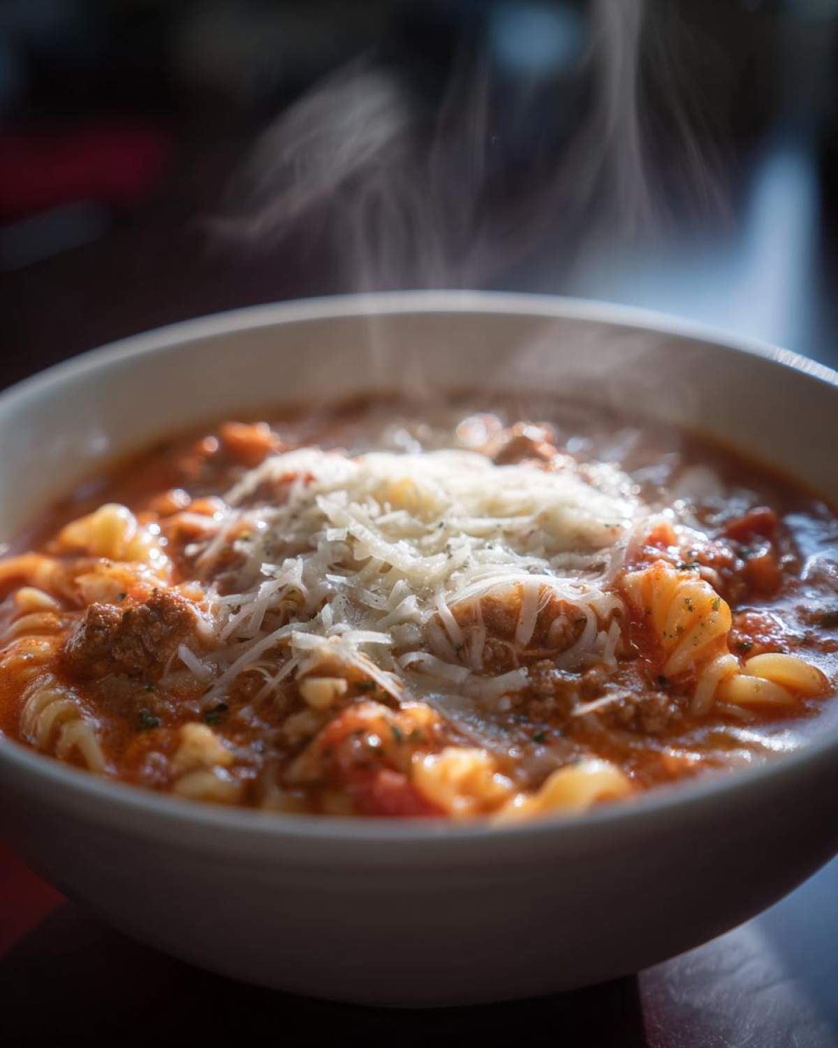 Close-up of a steaming white bowl filled with rich crockpot lasagna soup, topped generously with shredded Parmesan cheese.